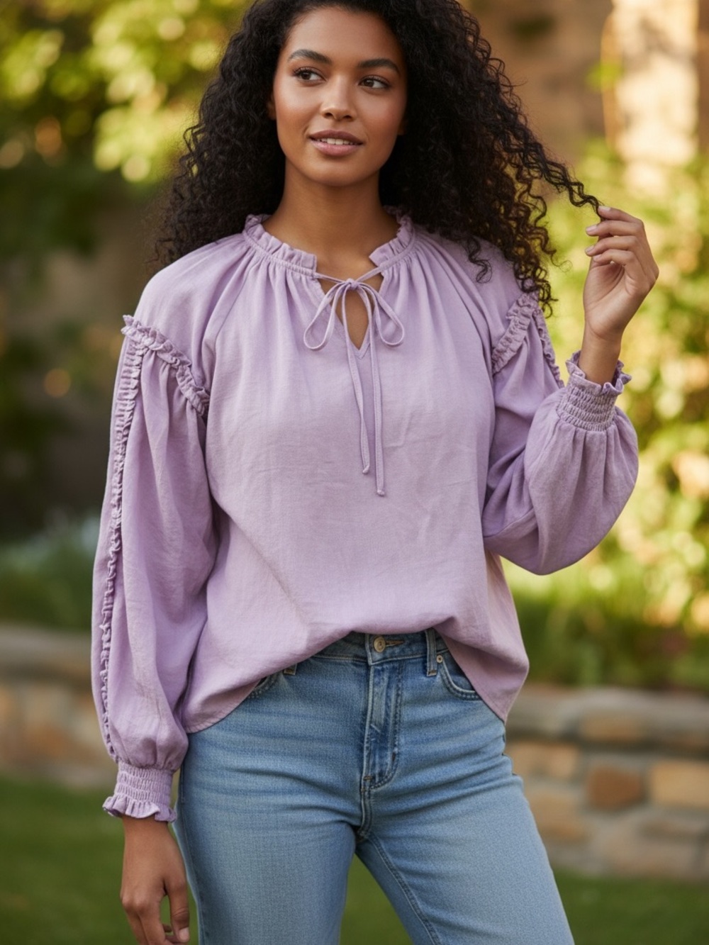 Light Lavender Tie-Neck Ruffle Blouse NWT - Picture 2 of 12